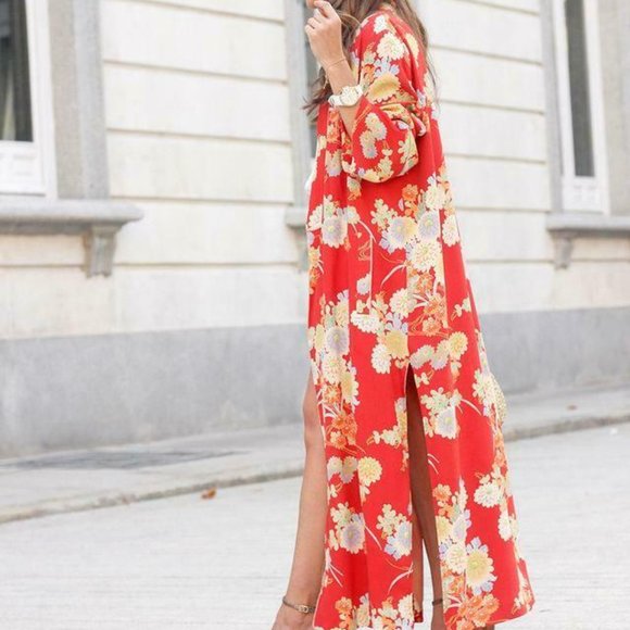 ZARA BOHO CORAL MAXI FLORAL PRINT KIMONO W/BUTTON +POCKETS SIZE S-M - Picture 3 of 6